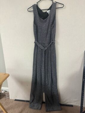 Nicole Miller Black & Silver Sleeveless Jumpsuit Waist Tie Belt Zipper Sz L